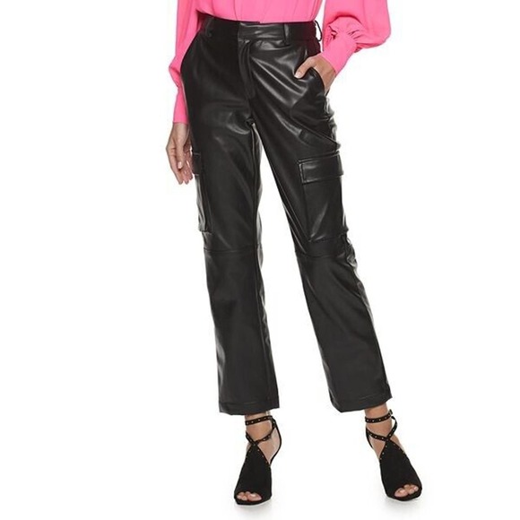 NEW - Womens Size 8 Cara Santana Apt 9 Black Faux Leather‎ Cargo Pants - Picture 1 of 12
